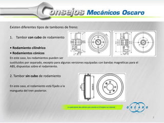 Existen diferentes tipos de tambores de freno:
1. Tambor con cubo de rodamiento

• Rodamiento cilíndrico
• Rodamientos cónicos
En este caso, los rodamientos pueden ser
sustituidos por separado, excepto para algunas versiones equipadas con bandas magnéticas para el
ABS, dispuestas sobre el rodamiento.

2. Tambor sin cubo de rodamiento
En este caso, el rodamiento está fijado a la
mangueta del tren posterior.

3

 