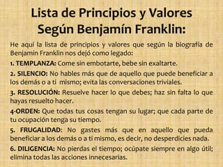 Lista de Principios y Valores
Según Benjamín Franklin:
He aquí la lista de principios y valores que según la biografía de
Benjamín Franklin nos dejó como legado:
1. TEMPLANZA: Come sin embotarte, bebe sin exaltarte.
2. SILENCIO: No hables más que de aquello que puede beneficiar a
los demás o a ti mismo; evita las conversaciones triviales.
3. RESOLUCIÓN: Resuelve hacer lo que debes; haz sin falta lo que
hayas resuelto hacer.
4-ORDEN: Que todas tus cosas tengan su lugar; que cada parte de
tu ocupación tenga su tiempo.
5. FRUGALIDAD: No gastes más que en aquello que pueda
beneficiar a los demás o a ti mismo, es decir, no desperdicies nada.
6. DILIGENCIA: No pierdas el tiempo; ocúpate siempre en algo útil;
elimina todas las acciones innecesarias.

 