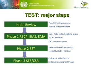 TEST: major steps
Initial Review
Phase 1 RECP, EMS, EMA

Potential for improvement
Viability and commitment
EMA – total costs of material losses
RECP – BAT/BEPs
EMS – system support

Phase 2 EST
Phase 3 SES/CSR

Investment needing measures
Feasibility study, Financing
Evaluation and reflection
Sustainable Enterprise Strategy

 