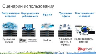 Сценарии использования
Виртуализация Виртуализация
серверов
рабочих мест

Big data

Приватные
облака

Hadoop

Удаленные
офисы

Восстановление
из аварий

Локальные Непрерывность
сервисы в
бизнеса
офисах

 