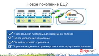 Новое поколение ДЦ?

Универсальная платформа для гибридных облаков
Гибкое управление нагрузками
Общий интерфейс управления
Управление данными ориентированное на виртуальные машины

 