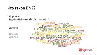 Что такое DNS?
• Коротко:
highloadlab.com  178.248.233.7
• Длинно:

(список
неполон)

 