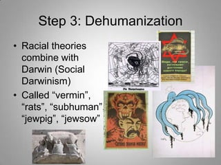 Step 3: Dehumanization
• Racial theories
combine with
Darwin (Social
Darwinism)
• Called “vermin”,
“rats”, “subhuman”,
“jewpig”, “jewsow”

 