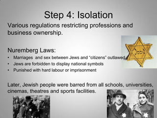 Step 4: Isolation
Various regulations restricting professions and
business ownership.
Nuremberg Laws:
• Marriages and sex between Jews and “citizens” outlawed
• Jews are forbidden to display national symbols
• Punished with hard labour or imprisonment

Later, Jewish people were barred from all schools, universities,
cinemas, theatres and sports facilities.

 