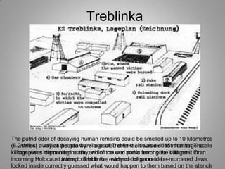 Treblinka

The putrid odor of decaying human remains could be smelled up to 10 kilometres
(6.2Almost a million the nearby village of Treblinka. It was evidentmonths. The
miles) away at people were executed over the course of 15 that large-scale
killings were happening nearby,end of the war and a farmhouse built on it On
camp was dismantled at the which caused panic among the villagers. in an
incoming Holocaust attempt to hide the evidencethe genocide
trains to Treblinka, many of of soon-to-be-murdered Jews
locked inside correctly guessed what would happen to them based on the stench

 