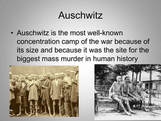 Auschwitz
• Auschwitz is the most well-known
concentration camp of the war because of
its size and because it was the site for the
biggest mass murder in human history

 