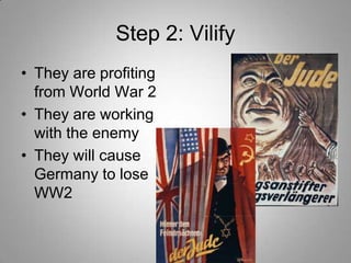 Step 2: Vilify
• They are profiting
from World War 2
• They are working
with the enemy
• They will cause
Germany to lose
WW2

 