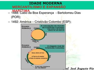 IDADE MODERNA

MERCANTILISMO E EXPANSÃO
MARÍTIMA
– 1488: Cabo da Boa Esperança - Bartolomeu Dias
(POR);
– 1492: América – Cristóvão Colombo (ESP);

Prof. José Augusto Fior

 