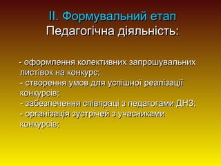 II. Формувальний етап
Педагогічна діяльність:
- оформлення колективних запрошувальних
листівок на конкурс;
- створення умов для успішної реалізації
конкурсів;
- забезпечення співпраці з педагогами ДНЗ;
- організація зустрічей з учасниками
конкурсів;

 