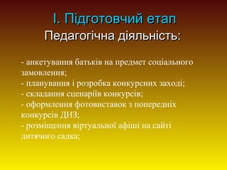 I. Підготовчий етап

Педагогічна діяльність:
- анкетування батьків на предмет соціального
замовлення;
- планування і розробка конкурсних заході;
- складання сценаріїв конкурсів;
- оформлення фотовиставок з попередніх
конкурсів ДНЗ;
- розміщення віртуальної афіші на сайті
дитячого садка;

 