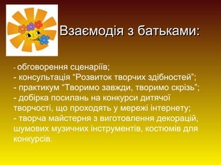 Взаємодія з батьками:
- обговорення

сценаріїв;
- консультація “Розвиток творчих здібностей”;
- практикум “Творимо завжди, творимо скрізь”;
- добірка посилань на конкурси дитячої
творчості, що проходять у мережі інтернету;
- творча майстерня з виготовлення декорацій,
шумових музичних інструментів, костюмів для
конкурсів.

 