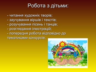 Робота з дітьми:
- читання художніх творів;
- заучування віршів і текстів;
- розучування пісень і танців;
- розглядання ілюстрацій;
- попередня робота відповідно до
тематиками конкурсів;

 