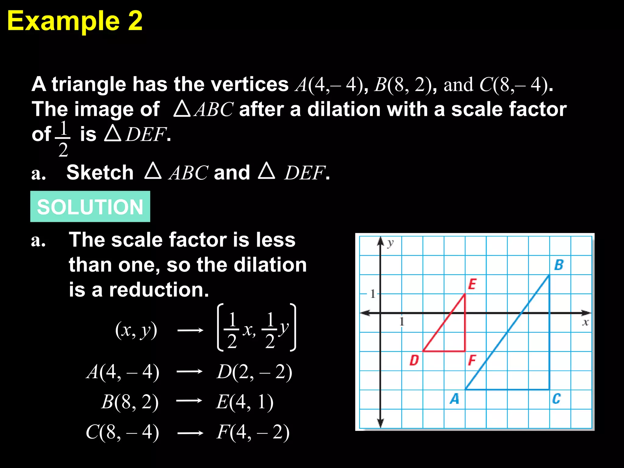 Example 2
6.7
A triangle has the vertices A(4,– 4), B(8, 2), and C(8,– 4).
The image of
ABC after a dilation with a scale factor
of 1 is DEF.
2
ABC and
DEF.
a. Sketch
SOLUTION
a.

The scale factor is less
than one, so the dilation
is a reduction.
1 x, 1 y
(x, y)
2 2
A(4, – 4)
D(2, – 2)
B(8, 2)
E(4, 1)
C(8, – 4)
F(4, – 2)

 