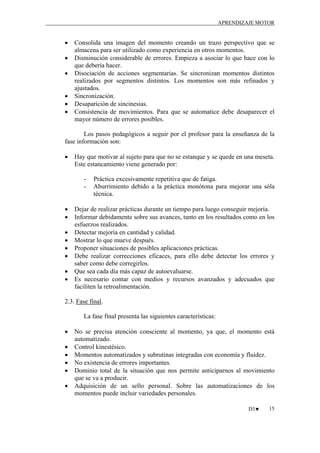 APRENDIZAJE MOTOR

•
•
•
•
•
•

Consolida una imagen del momento creando un trazo perspectivo que se
almacena para ser utilizado como experiencia en otros momentos.
Disminución considerable de errores. Empieza a asociar lo que hace con lo
que debería hacer.
Disociación de acciones segmentarias. Se sincronizan momentos distintos
realizados por segmentos distintos. Los momentos son más refinados y
ajustados.
Sincronización.
Desaparición de sincinesias.
Consistencia de movimientos. Para que se automatice debe desaparecer el
mayor número de errores posibles.

Los pasos pedagógicos a seguir por el profesor para la enseñanza de la
fase información son:
•

Hay que motivar al sujeto para que no se estanque y se quede en una meseta.
Este estancamiento viene generado por:
-

•
•
•
•
•
•
•
•

Práctica excesivamente repetitiva que de fatiga.
Aburrimiento debido a la práctica monótona para mejorar una sóla
técnica.

Dejar de realizar prácticas durante un tiempo para luego conseguir mejoría.
Informar debidamente sobre sus avances, tanto en los resultados como en los
esfuerzos realizados.
Detectar mejoría en cantidad y calidad.
Mostrar lo que mueve después.
Proponer situaciones de posibles aplicaciones prácticas.
Debe realizar correcciones eficaces, para ello debe detectar los errores y
saber como debe corregirlos.
Que sea cada día más capaz de autoevaluarse.
Es necesario contar con medios y recursos avanzados y adecuados que
faciliten la retroalimentación.

2.3. Fase final.
La fase final presenta las siguientes características:
•
•
•
•
•
•

No se precisa atención consciente al momento, ya que, el momento está
automatizado.
Control kinestésico.
Momentos automatizados y subrutinas integradas con economía y fluidez.
No existencia de errores importantes.
Dominio total de la situación que nos permite anticiparnos al movimiento
que se va a producir.
Adquisición de un sello personal. Sobre las automatizaciones de los
momentos puede incluir variedades personales.
D3♥

15

 