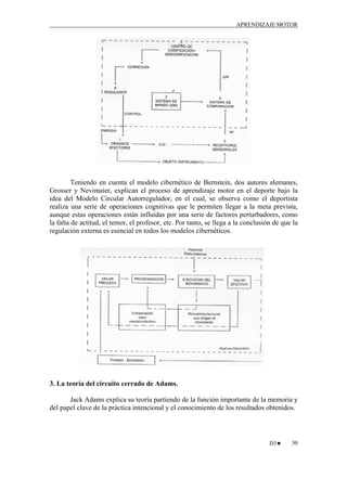 APRENDIZAJE MOTOR

Teniendo en cuenta el modelo cibernético de Bernstein, dos autores alemanes,
Grosser y Nevimaier, explican el proceso de aprendizaje motor en el deporte bajo la
idea del Modelo Circular Autorregulador, en el cual, se observa como el deportista
realiza una serie de operaciones cognitivas que le permiten llegar a la meta prevista,
aunque estas operaciones están influidas por una serie de factores perturbadores, como
la falta de actitud, el temor, el profesor, etc. Por tanto, se llega a la conclusión de que la
regulación externa es esencial en todos los modelos cibernéticos.

3. La teoría del circuito cerrado de Adams.
Jack Adams explica su teoría partiendo de la función importante de la memoria y
del papel clave de la práctica intencional y el conocimiento de los resultados obtenidos.

D3♥

30

 