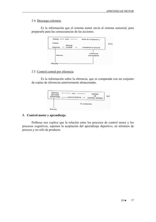 APRENDIZAJE MOTOR

2.4. Descarga coloraria.
Es la información que el sistema motor envía al sistema sensorial, para
prepararle para las consecuencias de las acciones.

2.5. Control central por eferencia.
Es la información sobre la eferencia, que es comparada con un conjunto
de copias de eferencias anteriormente almacenadas.

3. Control motor y aprendizaje.
Pailhous nos explica que la relación entre los procesos de control motor y los
procesos cognitivos, suponen la aceptación del aprendizaje deportivo, en términos de
proceso y no sólo de producto.

D3♥

37

 