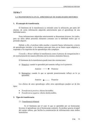 APRENDIZAJE MOTOR

TEMA 7
LA TRANSFERENCIA EN EL APRENDIZAJE DE HABILIDADES MOTORES

1. El concepto de transferencia.
El fenómeno de la transferencia se entiende como la utilización, por parte del
alumno, de cierta información adquirida anteriormente para el aprendizaje de una
habilidad motriz.
Estas informaciones adquiridas anteriormente se denominan recursos, los cuales,
para ser útiles deben presentar elementos comunes con la habilidad motriz que se
pretende adquirir.
Debido a ello, el profesor debe enseñar y trasmitir buena información, a través
de aprendizajes iniciales, a los alumnos para que éstos en un futuro sepan adaptarse y
responder a los requisitos de los aprendizajes más complejos.
Connolly y Bruner definen la transferencia como el proceso de reorganización o
de reestructuración de manera diferentes de los mismos elementos básicos.
El fenómeno de la transferencia puede tener dos orientaciones:
a) Proactiva: cuando lo aprendido previamente influye en lo posterior.
Anterior

Posterior

b) Retroactiva: cuando lo que se aprende posteriormente influye en lo ya
aprendido.
Anterior

Posterior

Los efectos de unos aprendizajes sobre otros aprendizajes pueden ser de dos
tipos:
•
•

Transferencia positiva: efectos favorables.
Transferencia negativa: efectos desfavorables.

2. Tipos de transferencia.
2.1. Transferencia bilateral.
Es el fenómeno por el cual, lo que es aprendido por un hemicuerpo
favorece el aprendizaje con el hemicuerpo contrario. Se produce gracias al papel
del cuerpo calloso, que facilita la comunicación de informaciones entre ambos
hemisferios.

D3♥

38

 