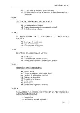 APRENDIZAJE MOTOR

5.5. La explicación ecológica del aprendizaje motor.
5.6. Los modelos aplicados a la enseñanza de habilidades motrices y
deportivas.
TEMA 6
CONTROL DE LOS MOVIMIENTOS DEPORTIVOS
6.1. Los modelos de control motor.
6.2. Concepto fundamentales de los modelos de control.
6.3. Control motor y aprendizaje.
TEMA 7
LA TRASFERENCIA
MOTORES

EN

EL

APRENDIZAJE

DE

HABILIDADES

7.1. El concepto de transferencia.
7.2. Tipos de transferencia.
7.3. Consideraciones pedagógicas.
TEMA 8
EL ESTUDIO DEL APRENDIZAJE MOTOR
8.1. Introducción.
8.2. El fenómeno de la atención selectiva.
8.3. Factores que influyen en la capacidad para aprender.
TEMA 9
RETENCIÓN O MEMORIA MOTRIZ
9.1. Glosario inicial.
9.2. ¿ En qué se justifica la retención y el olvido ?.
9.3. Funciones de la memoria o retención.
9.4. Estructura de la memoria.
9.5. El estudio de la retención.
9.6. Interferencias.
9.7. Reminiscencia.
9.8. Factores que influyen en la retención.
TEMA 10
MECANISMOS Y PROCESOS COGNITIVOS EN LA ADQUISICIÓN DE
HABILIDADES DEPORTIVAS
10.1. Introducción.
10.2. Mecanismo y procesos cognitivos.
D3♥

4

 
