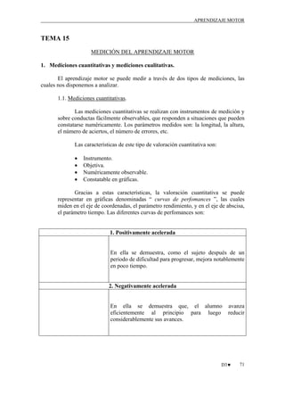 APRENDIZAJE MOTOR

TEMA 15
MEDICIÓN DEL APRENDIZAJE MOTOR
1. Mediciones cuantitativas y mediciones cualitativas.
El aprendizaje motor se puede medir a través de dos tipos de mediciones, las
cuales nos disponemos a analizar.
1.1. Mediciones cuantitativas.
Las mediciones cuantitativas se realizan con instrumentos de medición y
sobre conductas fácilmente observables, que responden a situaciones que pueden
constatarse numéricamente. Los parámetros medidos son: la longitud, la altura,
el número de aciertos, el número de errores, etc.
Las características de este tipo de valoración cuantitativa son:
•
•
•
•

Instrumento.
Objetiva.
Numéricamente observable.
Constatable en gráficas.

Gracias a estas características, la valoración cuantitativa se puede
representar en gráficas denominadas “ curvas de perfomances ”, las cuales
miden en el eje de coordenadas, el parámetro rendimiento, y en el eje de abscisa,
el parámetro tiempo. Las diferentes curvas de perfomances son:

1. Positivamente acelerada

En ella se demuestra, como el sujeto después de un
periodo de dificultad para progresar, mejora notablemente
en poco tiempo.

2. Negativamente acelerada

En ella se demuestra que, el alumno
eficientemente al principio para luego
considerablemente sus avances.

avanza
reducir

D3♥

71

 