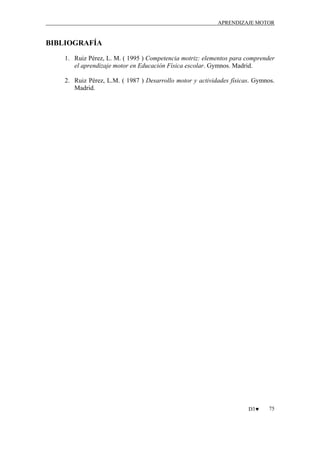 APRENDIZAJE MOTOR

BIBLIOGRAFÍA
1. Ruiz Pérez, L. M. ( 1995 ) Competencia motriz: elementos para comprender
el aprendizaje motor en Educación Física escolar. Gymnos. Madrid.
2. Ruiz Pérez, L.M. ( 1987 ) Desarrollo motor y actividades físicas. Gymnos.
Madrid.

D3♥

75

 