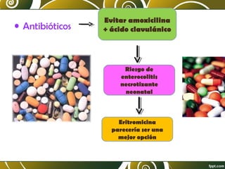 • Antibióticos

Evitar amoxicilina
+ ácido clavulánico

Riesgo de
enterocolitis
necrotizante
neonatal

Eritromicina
parecería ser una
mejor opción

 