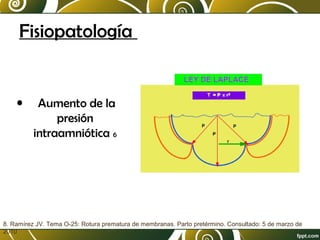 Fisiopatología

•

Aumento de la
presión
intraamniótica 6

8. Ramírez JV. Tema O-25: Rotura prematura de membranas. Parto pretérmino. Consultado: 5 de marzo de
2010

 