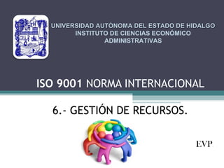 UNIVERSIDAD AUTÓNOMA DEL ESTADO DE HIDALGO
INSTITUTO DE CIENCIAS ECONÓMICO
ADMINISTRATIVAS

ISO 9001 NORMA INTERNACIONAL
6.- GESTIÓN DE RECURSOS.
EVP.

 