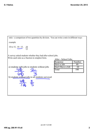 6.1 Ratios

November 25, 2013

ratio ­ a comparison of two quantities by division.  You can write a ratio in different ways
example
10 to 15,  10 : 15,     10
            15

A survey asked students whether they had after­school jobs.  
Write each ratio as a fraction in simplest form.

a) students with jobs to students without jobs

After ­ School Jobs
Response
Number
Have a Job
    40
Don't Have a Job
    60
Total
    100

b) students without jobs to all students surveyed

Jan 28­11:23 AM

HW pg. 286 #1­19 all

2

 