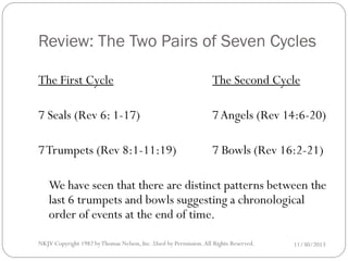 Review: The Two Pairs of Seven Cycles
The First Cycle

The Second Cycle

7 Seals (Rev 6: 1-17)

7 Angels (Rev 14:6-20)

7 Trumpets (Rev 8:1-11:19)

7 Bowls (Rev 16:2-21)

We have seen that there are distinct patterns between the
last 6 trumpets and bowls suggesting a chronological
order of events at the end of time.
NKJV Copyright 1982 by Thomas Nelson, Inc .Used by Permission. All Rights Reserved.

11/30/2013

 