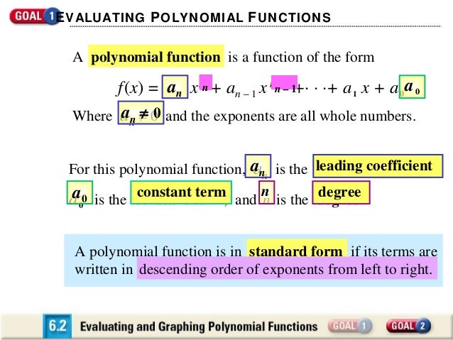 evaluating and graphing polynomial functions polynomial functions standard form
