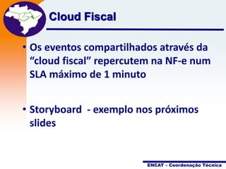 Cloud Fiscal

Projeto
Nota Fiscal
Eletrônica

• Os eventos compartilhados através da
“cloud fiscal” repercutem na NF-e num
SLA máximo de 1 minuto
• Storyboard - exemplo nos próximos
slides

ENCAT – Coordenação Técnica

 