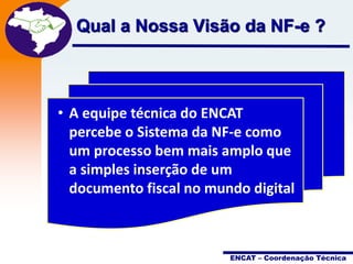 Projeto

Qual a Nossa Visão da NF-e ?
Nota Fiscal
Eletrônica

• A equipe técnica do ENCAT
percebe o Sistema da NF-e como
um processo bem mais amplo que
a simples inserção de um
documento fiscal no mundo digital

ENCAT – Coordenação Técnica

 