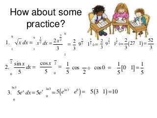 How about some
practice?
ù
3
3
3
3
2x ú
2 æ 2 2 ö 2 æ 9 2 -12 ö = 2 27 -1 = 52
x dx = ò x dx =
÷
(
)
= ç 9 -1 ÷ = ç
ú
3è
3
ø 3
3è
3
1
ø
ú1
û

9

1. ò

9

1

p

3 9
2

1
2

p

ù
cos x ù 2
sin x
1é æp ö
= - êcos ç ÷ - cos0ú = - 1 [ 0 -1] = 1
2. ò
dx = ú
5 û0
5
5ë è 2 ø
û
5
5
0
2

ù = 5 ( eln3 - e0 ) = 5 (3-1) =10
3. ò 5e dx = 5e û0
ln3

0

x

x ln3

 