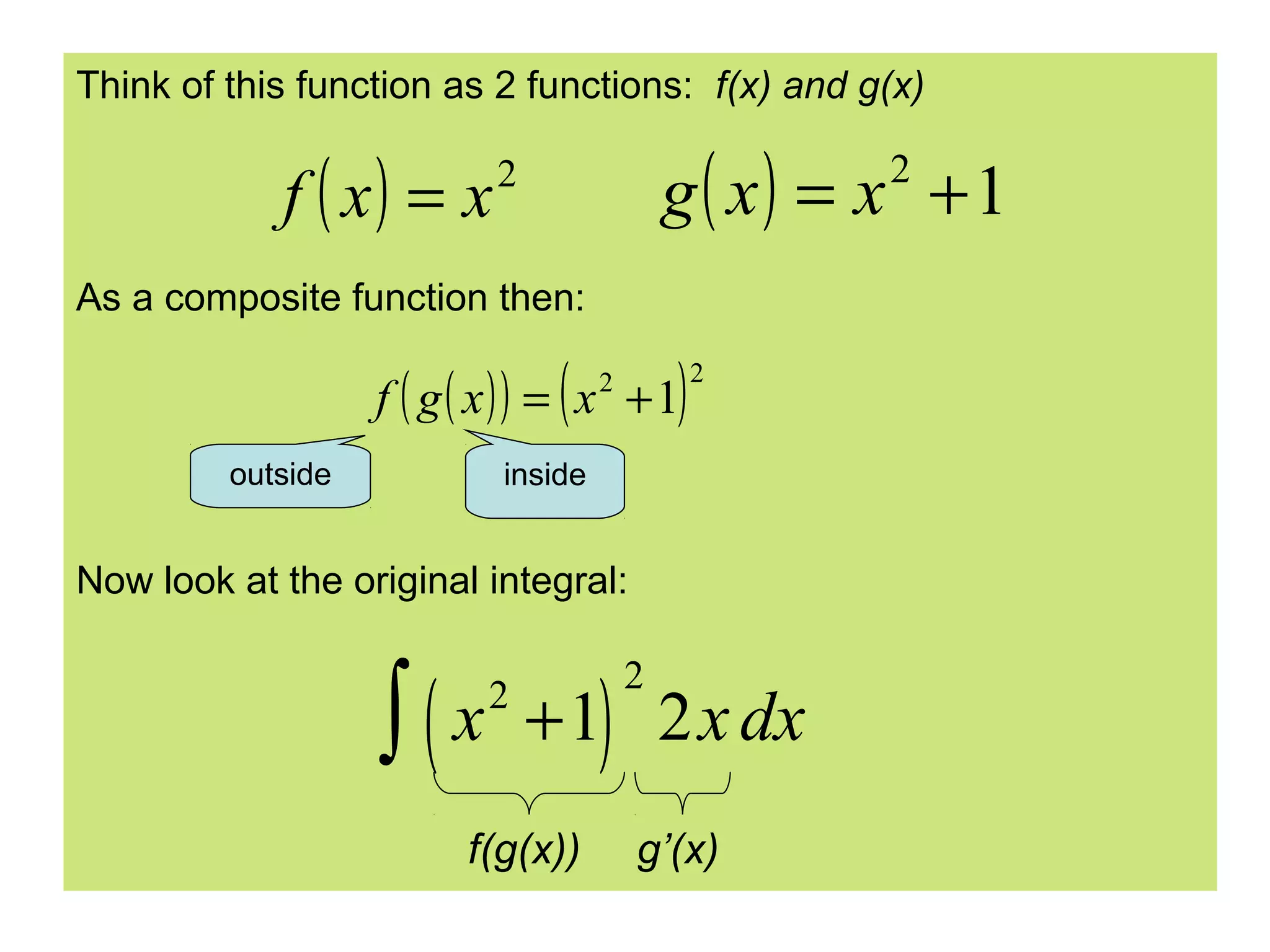 Think of this function as 2 functions: f(x) and g(x)

f ( x) = x

g ( x) = x + 1
2

2

As a composite function then:

(

)

f ( g ( x) ) = x + 1
outside

2

2

inside

Now look at the original integral:

∫(x

2

+1) 2x dx

f(g(x))

2

g’(x)

 