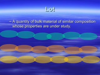 Lot
– A quantity of bulk material of similar composition
whose properties are under study.

 