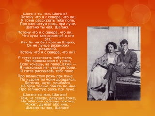 Шаганэ ты моя, Шаганэ!
Потому что я с севера, что ли,
Я готов рассказать тебе поле,
Про волнистую рожь при луне.
Шаганэ ты моя, Шаганэ.
Потому что я с севера, что ли,
Что луна там огромней в сто
раз,
Как бы ни был красив Шираз,
Он не лучше рязанских
раздолий.
Потому что я с севера, что ли?
Я готов рассказать тебе поле,
Эти волосы взял я у ржи,
Если хочешь, на палец вяжи —
Я нисколько не чувствую боли.
Я готов рассказать тебе поле.
Про волнистую рожь при луне
По кудрям ты моим догадайся.
Дорогая, шути, улыбайся,
Не буди только память во мне
Про волнистую рожь при луне.
Шаганэ ты моя, Шаганэ!
Там, на севере, девушка тоже,
На тебя она страшно похожа,
Может, думает обо мне...
Шаганэ ты моя, Шаганэ!

 