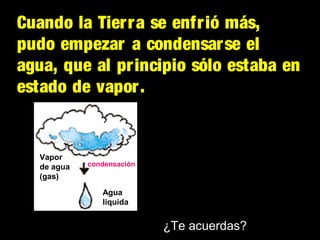Cuando la Tierra se enfrió más,
pudo empezar a condensarse el
agua, que al principio sólo estaba en
estado de vapor.

Vapor
de agua
(gas)

condensación

Agua
líquida

¿Te acuerdas?

 
