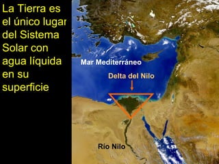 La Tierra es
el único lugar
del Sistema
Solar con
agua líquida
en su
superficie

Mar Mediterráneo
Delta del Nilo

Río Nilo

 