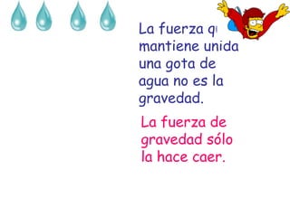 La fuerza que
mantiene unida
una gota de
agua no es la
gravedad.
La fuerza de
gravedad sólo
la hace caer.

 