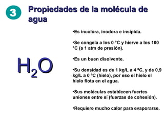 3

Propiedades de la molécula de 
agua
 

•Es incolora, inodora e insípida.
•Se congela a los 0 °C y hierve a los 100 
°C (a 1 atm de presión).

H2O

•Es un buen disolvente.
•Su densidad es de 1 kg/L a 4 ºC, y de 0,9 
kg/L a 0 ºC (hielo), por eso el hielo el 
hielo flota en el agua.
•Requiere mucho calor para evaporarse.
 
 
 

 