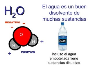 El agua es un buen
disolvente de
muchas sustancias

H2O
NEGATIVO

-

-

O
H

+

H
POSITIVO

+
Incluso el agua
embotellada tiene
sustancias disueltas

 