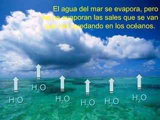El agua del mar se evapora, pero
no se evaporan las sales que se van
que van quedando en los océanos.

H2O
H2O

H2 O

H2 O

H2 O

H2 O

 