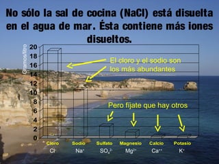 Gramos/litro

No sólo la sal de cocina (NaCl) está disuelta
en el agua de mar . Ésta contiene más iones
disueltos.
20
18
16
14
12
10
8
6
4
2
0

El cloro y el sodio son
los más abundantes

Pero fíjate que hay otros

Cloro

Cl-

Sodio

Sulfato

Na+

SO42-

Magnesio

Calcio

Potasio

Mg2+

Ca++

K+

 