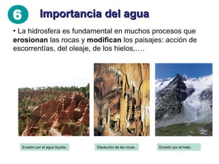6

Importancia del agua

La hidrosfera es fundamental en muchos procesos
geológicos que erosionan las rocas y modifican los
paisajes: acción de ríos y arroyos, del oleaje, de los hielos,
etc.

Erosión por el agua líquida.

Disolución de las rocas.

Erosión por el hielo.

 