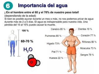 6

Importancia del agua

¡ En el hombre entre el 60 y el 70% de nuestro peso total!
(dependiendo de la edad)
Si bien es posible ayunar durante un mes o más, no nos podemos privar de agua
durante más de 2 a 5 días. El agua es indispensable para nuestra vida. Una
pérdida del 10 al 15% puede causar la muerte.
100 %

60-70 %

H2 O
H

O

H

 