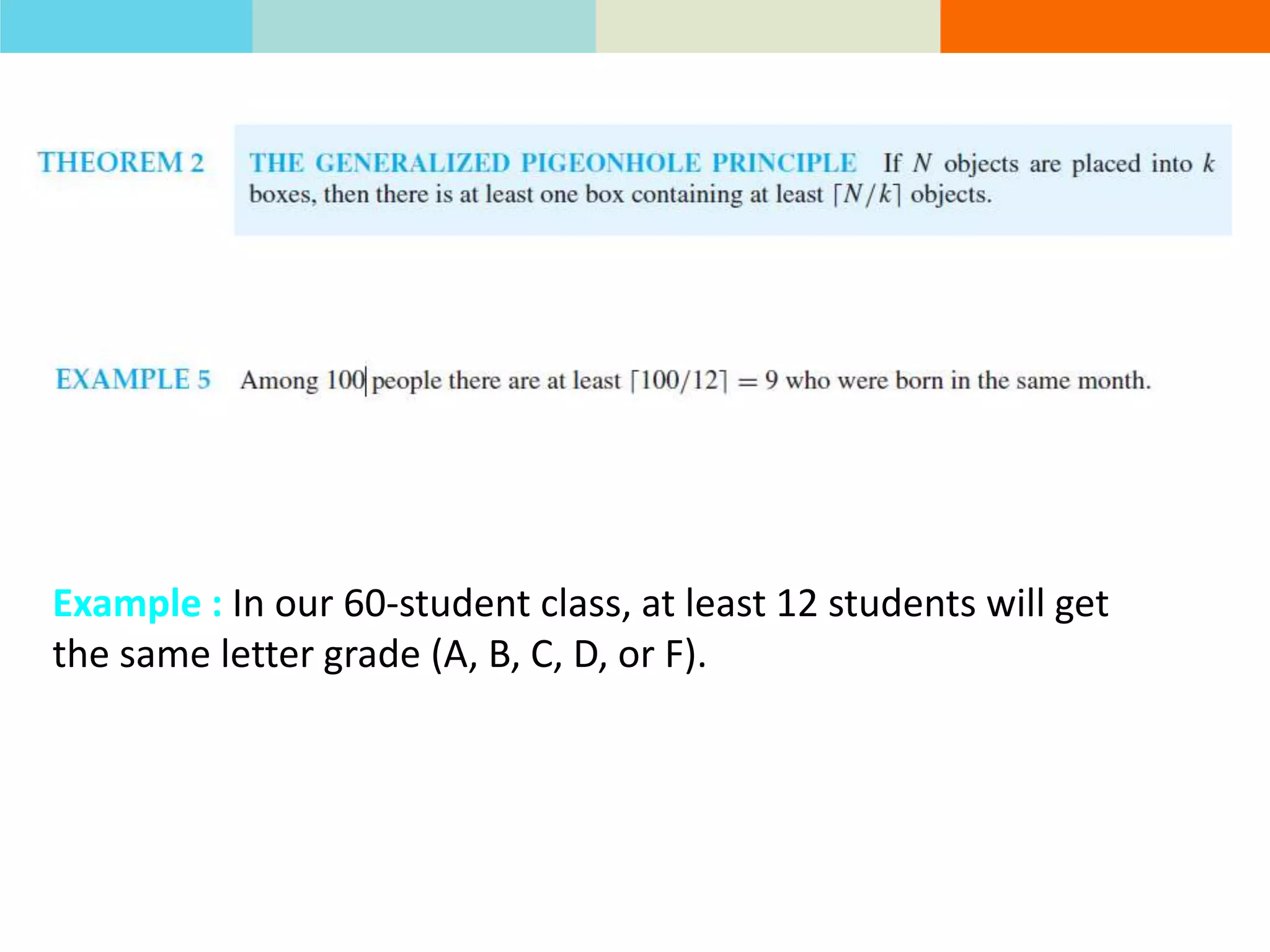 Example : In our 60-student class, at least 12 students will get
the same letter grade (A, B, C, D, or F).

 