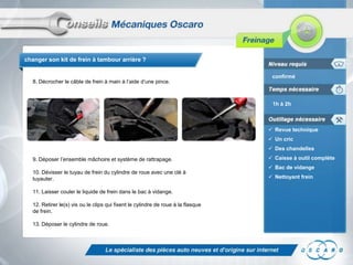 changer son kit de frein à tambour arrière ?

8. Décrocher le câble de frein à main à l’aide d’une pince.

confirmé

1h à 2h

 Revue technique
 Un cric
 Des chandelles
9. Déposer l’ensemble mâchoire et système de rattrapage.
10. Dévisser le tuyau de frein du cylindre de roue avec une clé à
tuyauter.
11. Laisser couler le liquide de frein dans le bac à vidange.
12. Retirer le(s) vis ou le clips qui fixent le cylindre de roue à la flasque
de frein.
13. Déposer le cylindre de roue.

 Caisse à outil complète
 Bac de vidange
 Nettoyant frein

 