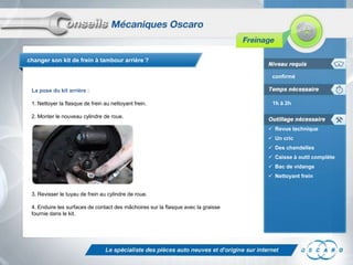 changer son kit de frein à tambour arrière ?
confirmé
La pose du kit arrière :
1. Nettoyer la flasque de frein au nettoyant frein.

1h à 2h

2. Monter le nouveau cylindre de roue.
 Revue technique
 Un cric
 Des chandelles
 Caisse à outil complète
 Bac de vidange

 Nettoyant frein
3. Revisser le tuyau de frein au cylindre de roue.
4. Enduire les surfaces de contact des mâchoires sur la flasque avec la graisse
fournie dans le kit.

 