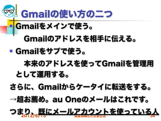 Gmailの使い方の二つ
   Gmailをメインで使う。
  Gmailのアドレスを相手に伝える。
   Gmailをサブで使う。
  本来のアドレスを使ってGmailを管理用
 として運用する。
さらに、Gmailからケータイに転送をする。
→超お薦め。au Oneのメールはこれです。
つまり、既にメールアカウントを使っている人
  2012/6/13 高度情報化と社会生活 34
 