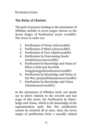 Introduction
The Relay of Chariots
The path of practice leading to the attainment of
Nibbàna unfolds in seven stages, known as the
Seven Stages of Purification (satta visuddhi).
The seven in order are:
1.
2.
3.
4.

Purification of Virtue (silavisuddhi)
Purification of Mind (cittavisuddhi)
Purification of View (diññhivisuddhi)
Purification by Overcoming Doubt
(kankhàvitaraõavisuddhi)
5. Purification by Knowledge and Vision of
What is Path and Not-Path
(maggàmagga¤àõadassanavisuddhi)
6. Purification by Knowledge and Vision of
the Way (pañipadà¤àõadassanavisuddhi)
7. Purification by Knowledge and Vision
(¤àõadassanavisuddhi).
In the attainment of Nibbàna itself, our minds
are in direct relation to the seventh and last
stage of this series, the Purification by Knowledge and Vision, which is the knowledge of the
supramundane path. But this purification
cannot be attained all at once, since the seven
stages of purification form a causally related
12

 